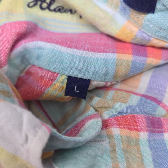 Alan Flusser Multicolor Plaid 100% Linen Short Sleeve Button Shirt Large L - Picture 5 of 5